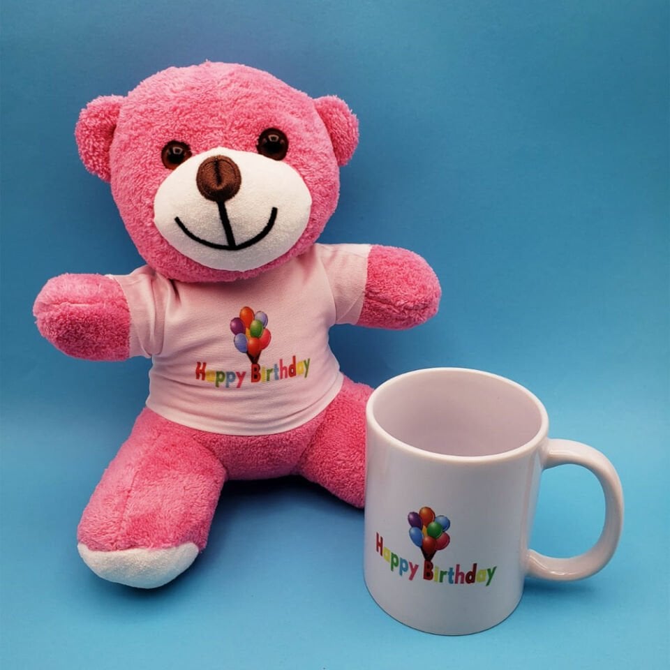 Happy Birthday Tasarım Pembe Ayıcık ve Kupa Seti Şık Tasarımlı Fonksiyonel Ürün