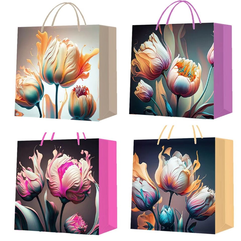Küçük Boy Lale Desenli Karton Hediye Çantası Şık Tasarımlı Fonksiyonel Ürün