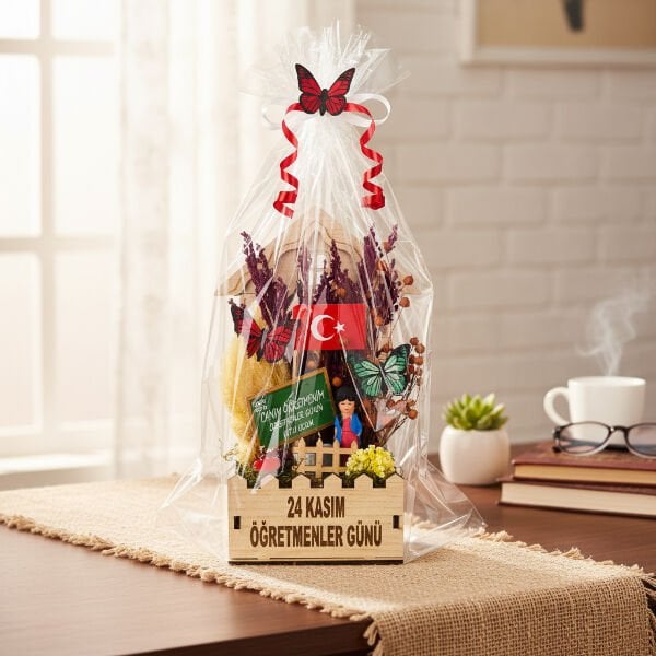 Mini Okul Saksı Hediye Sepeti - Öğretmenler Günü Hediyesi