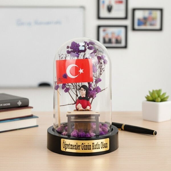 Türk Bayraklı Sıralı Ters Fanus - Öğretmenler Günü Hediyesi