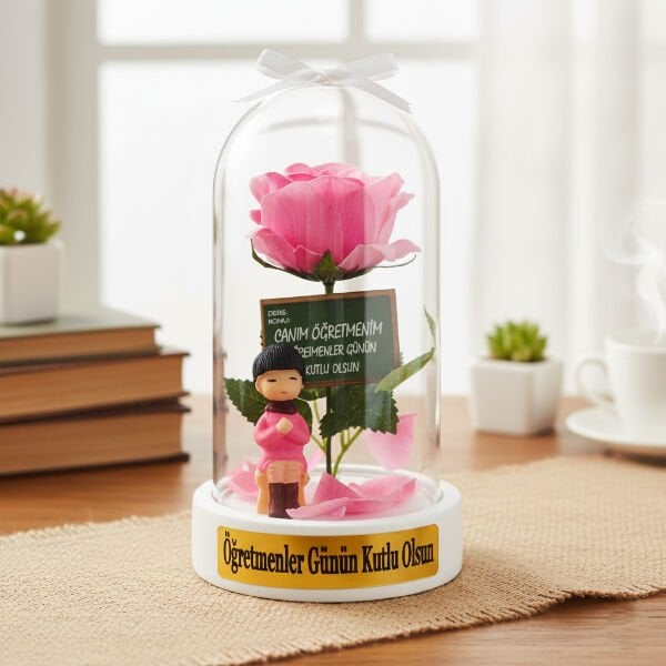 Güllü Biblolu Ters Fanus - Öğretmenler Günü Hediyesi