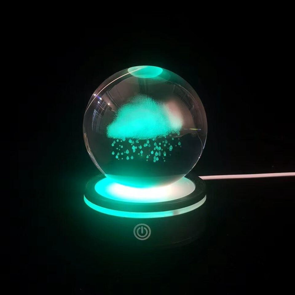 USB'li Yağmur Bulutu Tasarımlı Dönen Cam Küre Şık Tasarımlı Fonksiyonel Ürün