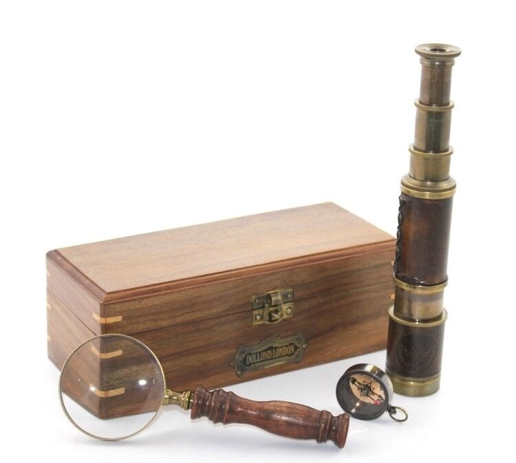 Ahşap Kutu Pirinç Pusula, Dürbün, Büyüteç, Seti Model 2 Şık Tasarımlı Fonksiyonel Ürün