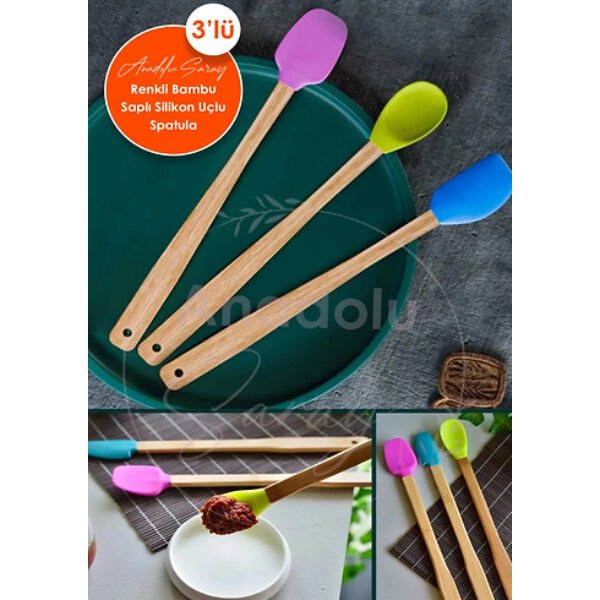 Silikon Uçlu Isıya Dayanıklı Bambu Spatula 3'lü Set Şık Tasarımlı Fonksiyonel Ürün
