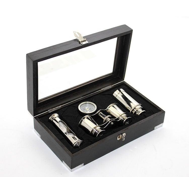 Ahşap Kutulu Pirinç Dürbün Pusula Ve Kum Saati Seti Şık Tasarımlı Fonksiyonel Ürün