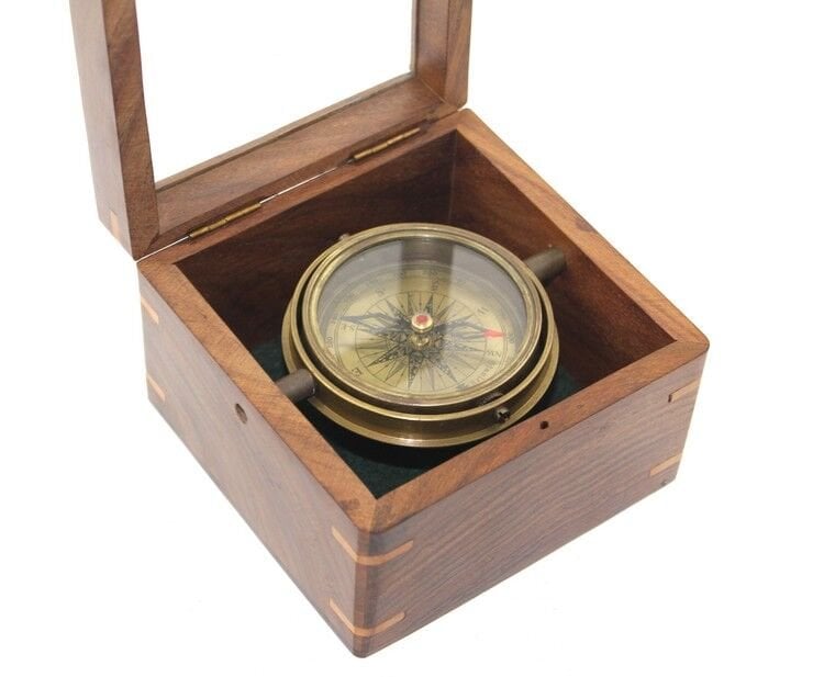 Ahşap Kutulu Pirinç Pusula Model 14 Şık Tasarımlı Fonksiyonel Ürün