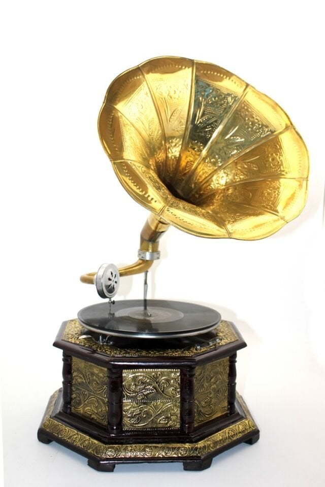 Ahşap Sekizgen Gramofon Taş  Plak Çalar Metal Kaplamalı Şık Tasarımlı Fonksiyonel Ürün