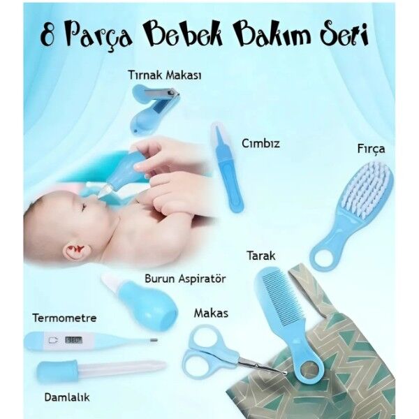 8 Parça Bebek Bakım Seti Mavi Renk Şık Tasarımlı Fonksiyonel Ürün