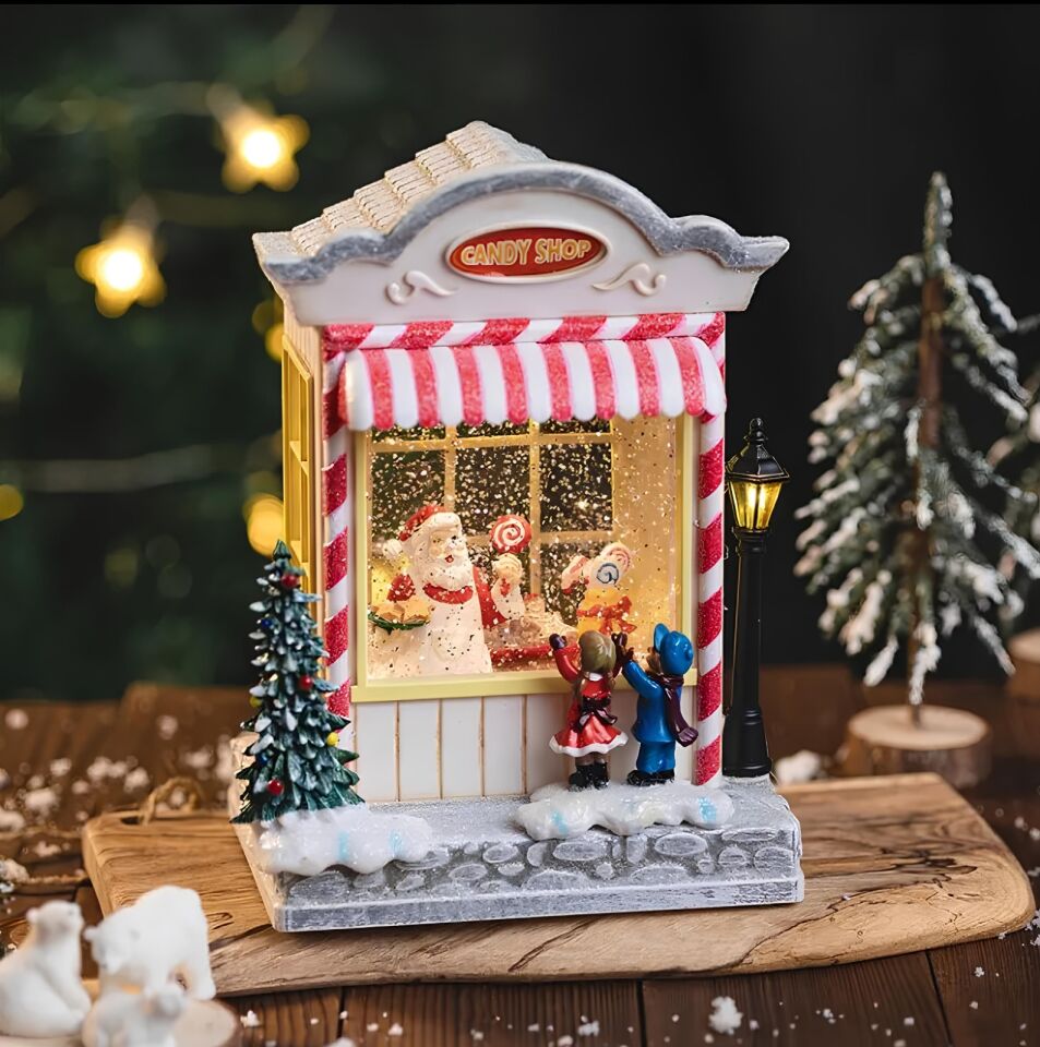 Yılbaşı Temalı Şekerci Dükkanı Kar Küresi Işıklı Müzikli Şık Tasarımlı Fonksiyonel Ürün
