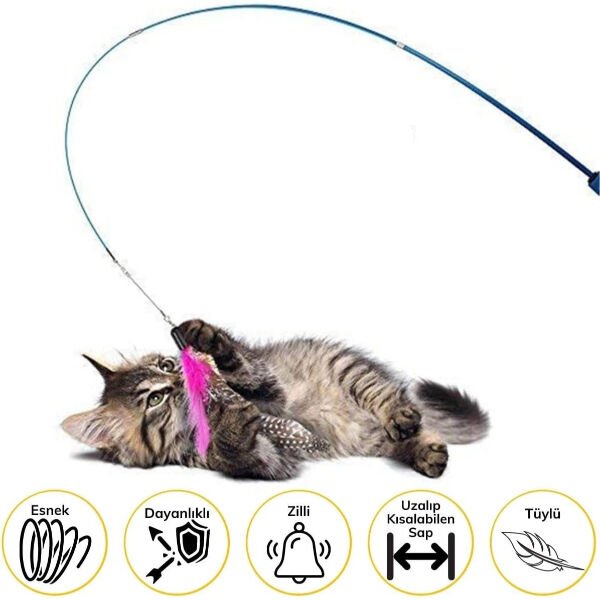Teleskopik Zilli Ve Tüylü Kedi Oyuncağı Şık Tasarımlı Fonksiyonel Ürün
