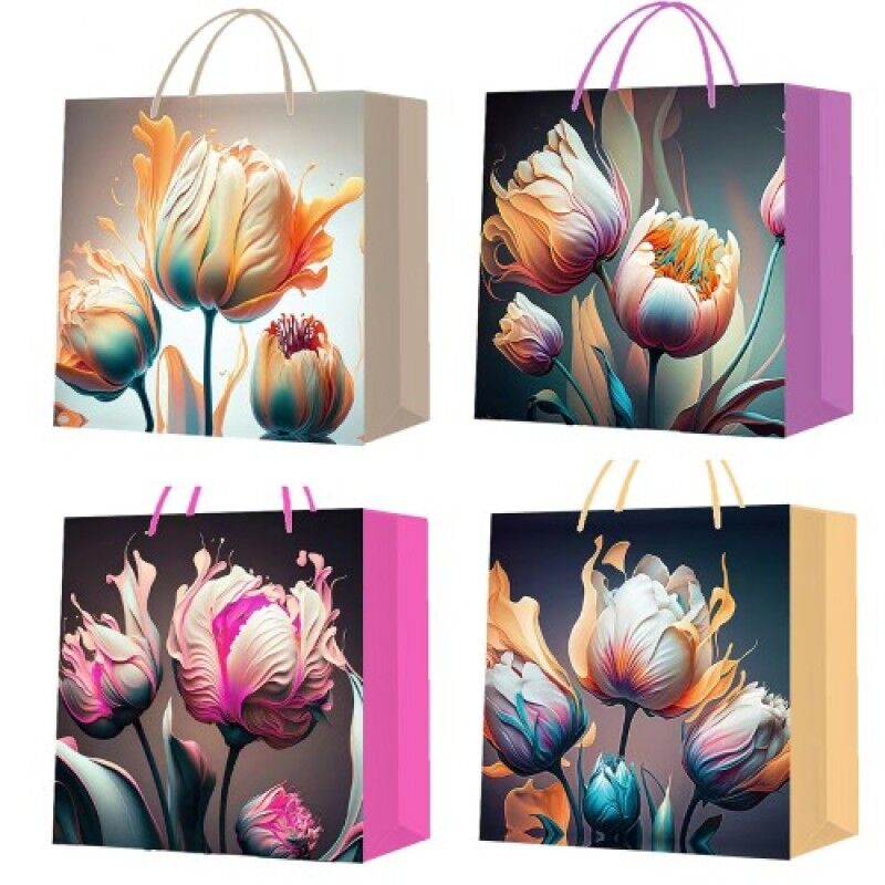 Büyük Boy Lale Desenli Karton Hediye Çantası Şık Tasarımlı Fonksiyonel Ürün