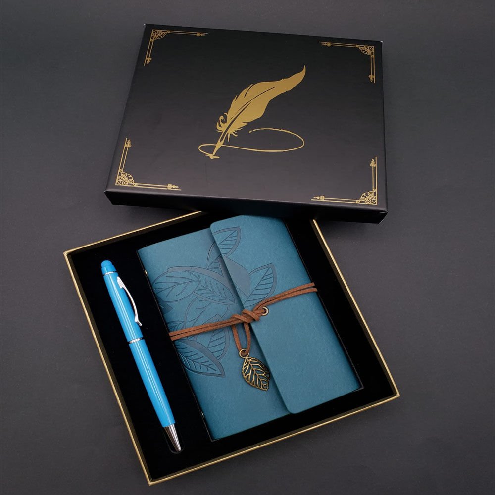 Siyah Kutulu Yaprak Desenli Mavi Deri Defter Ve Kalem Seti Şık Tasarımıyla Benzersiz Kullanım Deneyimi Hayatınızı Kolaylaştıracak Ürünler