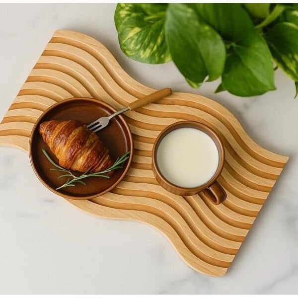 Dalgalı Çift Taraf Tasarımlı Ahşap Sunum Tepsisi Şık Tasarımlı Fonksiyonel Ürün