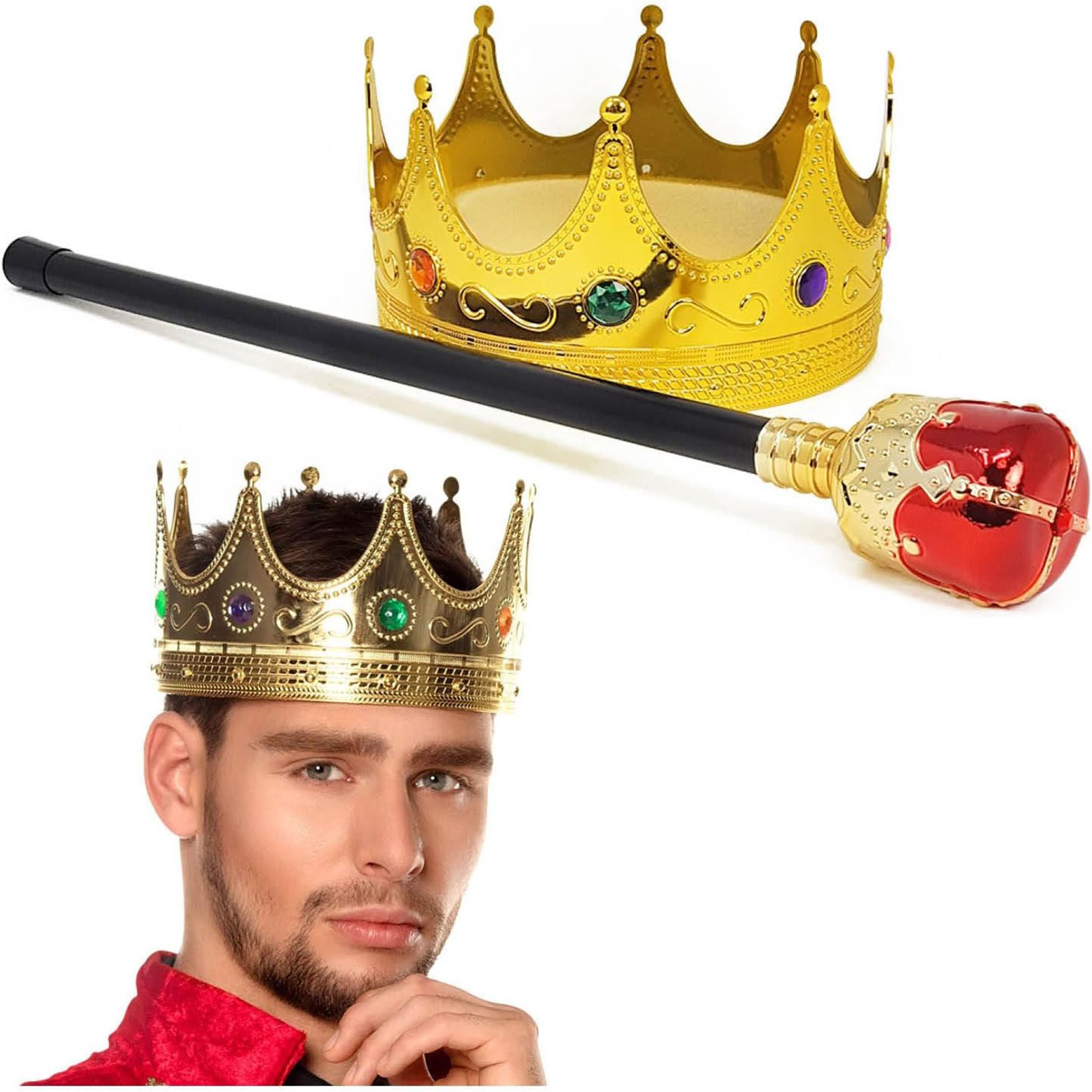 Altın Kral Tacı ve Kırmızı Topuzlu Asası Seti Şık Tasarımlı Fonksiyonel Ürün