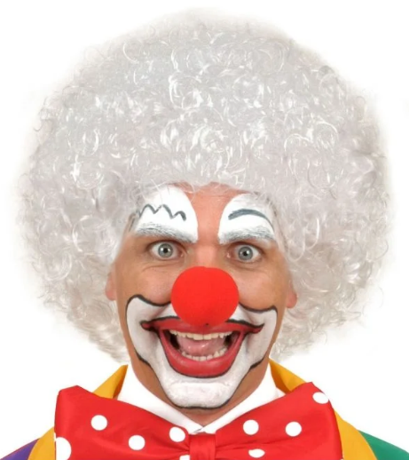 Beyaz Kıvırcık Afro Peruk ve Kırmızı Sünger Burun Seti Şık Tasarımlı Fonksiyonel Ürün