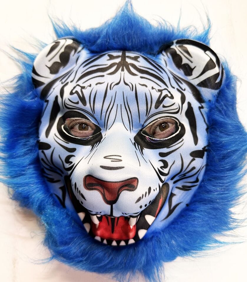 Mavi Saçlı Kaplan Maskesi Kurt Maskesi Mega Peluş 27 No Şık Tasarımlı Fonksiyonel Ürün