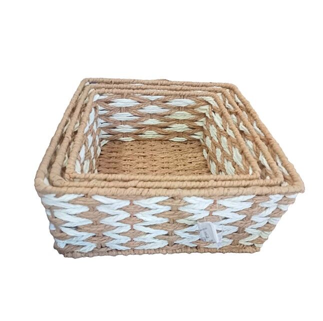 Kare Örgü Desenli Doğal Hasır Sepet Seti - 3'lü Şık Tasarımlı Fonksiyonel Ürün