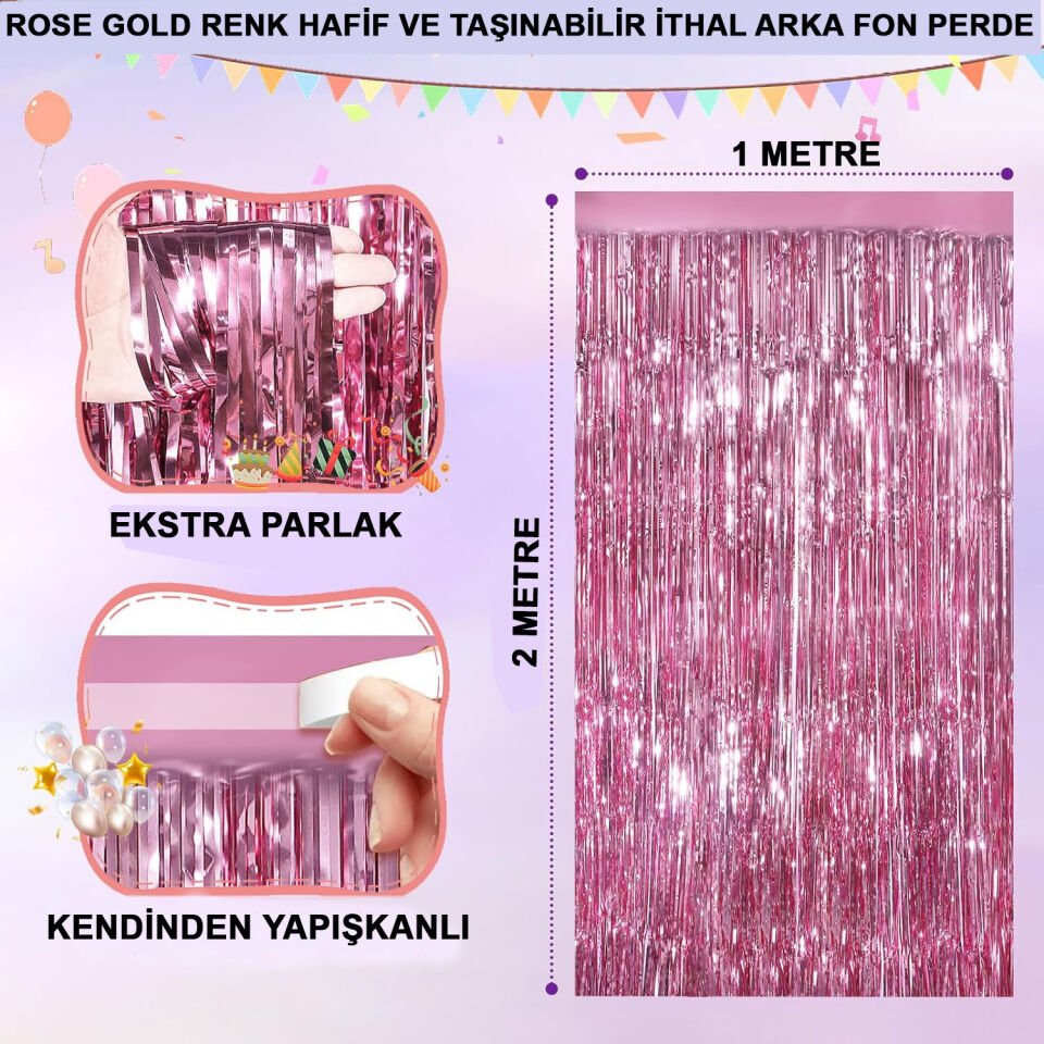 Ekstra Metalize Parlak Saçaklı Arka Fon Perde Rose Gold Şık Tasarımlı Fonksiyonel Ürün