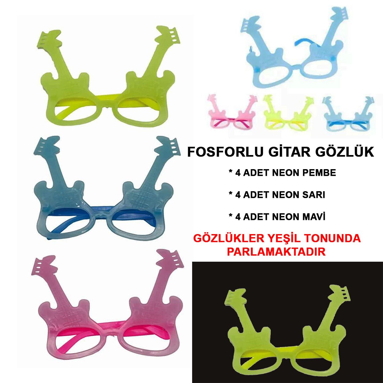 Fosforlu Gitar Glow Parti Gözlüğü 12 adet Şık Tasarımlı Fonksiyonel Ürün
