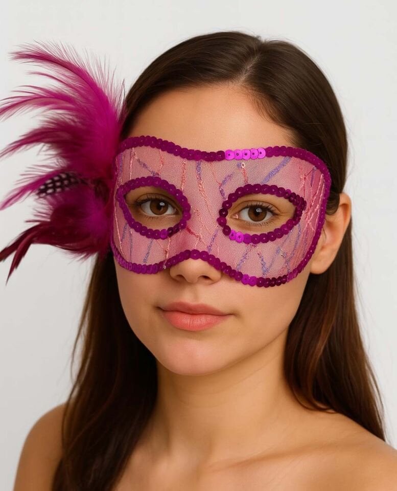 Fuşya Renk Yandan Tüylü Pul Payet İşlemeli Parti Maskesi 23x12 cm Şık Tasarımlı Fonksiyonel Ürün