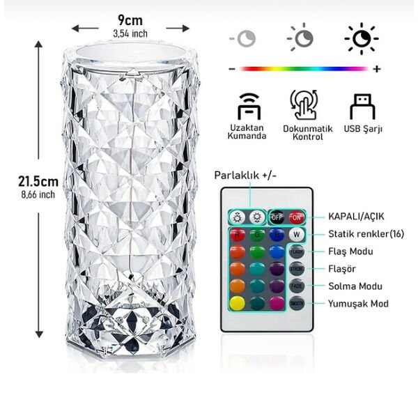 Kristal LED Kumandalı Ve Dokunmatik Masa Lambası Şık Tasarımlı Fonksiyonel Ürün