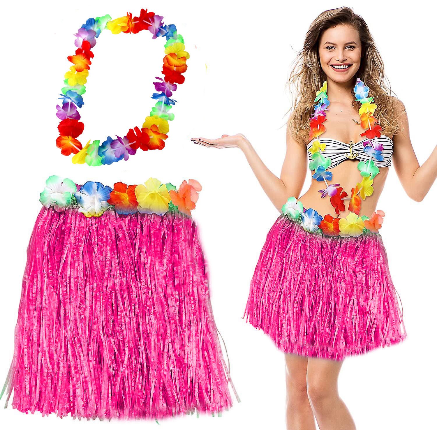 Hawaii Luau Aloha Pembe Püsküllü 40 cm Etek ve Hawaii Kolye Seti Şık Tasarımlı Fonksiyonel Ürün