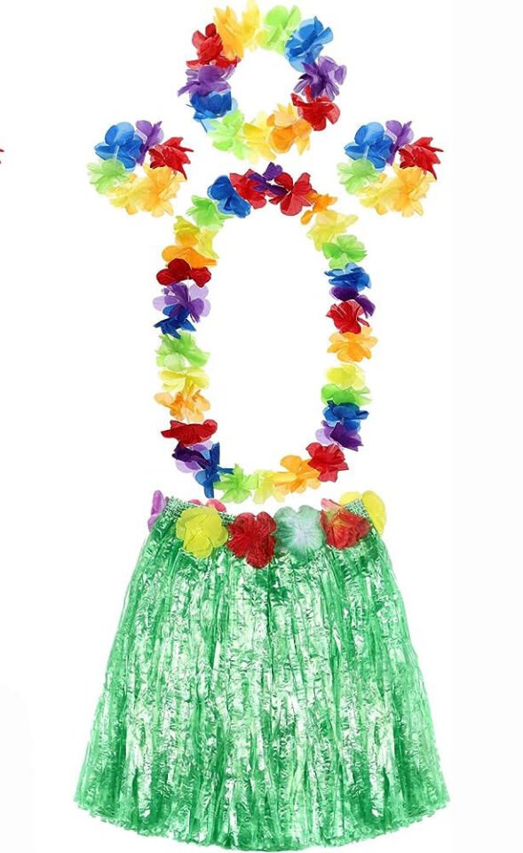 YETIŞKIN VE ÇOCUK UYUMLU LUAU ALOHA HAWAII YEŞIL ETEK VE RENKLI KOLYE TAÇ 2 ADET BILEKLIK SETI Şık Tasarımlı Fonksiyonel Ürün