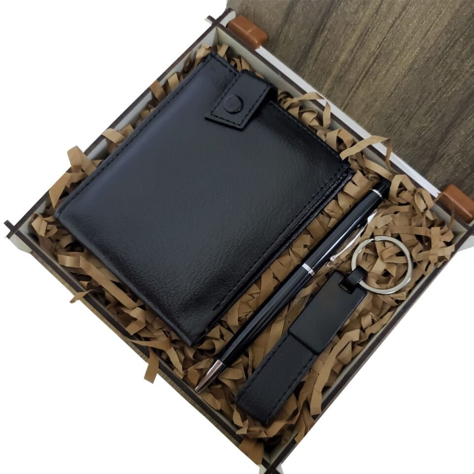 Ahşap Deri Kutulu Siyah Renk 3'lü Hediye Seti - Kalem, Cüzdan, Anahtar Şık Tasarımlı Fonksiyonel Ürün