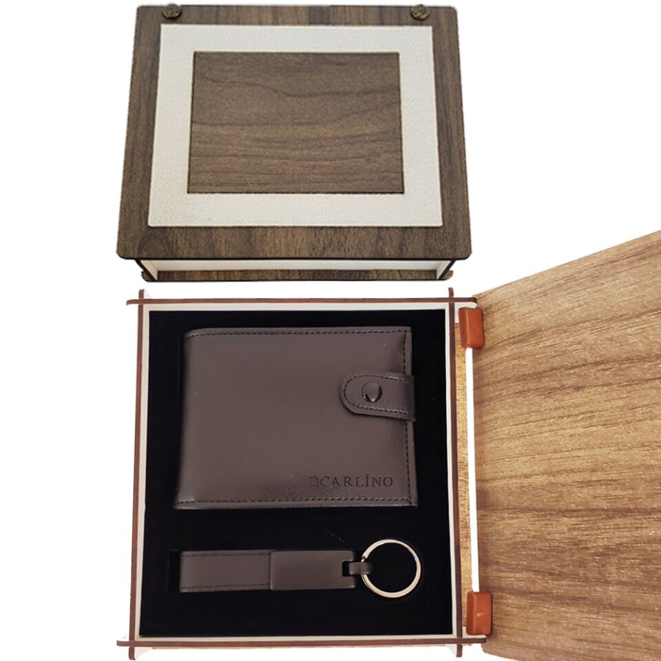Ahşap Kutulu Deri Cüzdan Ve Anahtarlık Seti Şık Tasarımlı Fonksiyonel Ürün