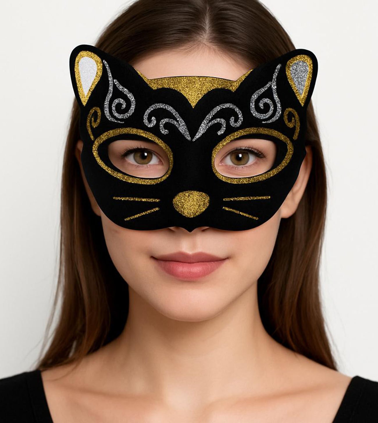 Kadife Dokulu Simli Kedi Maskesi Altın Gümüş Detaylı Şık Tasarımlı Fonksiyonel Ürün