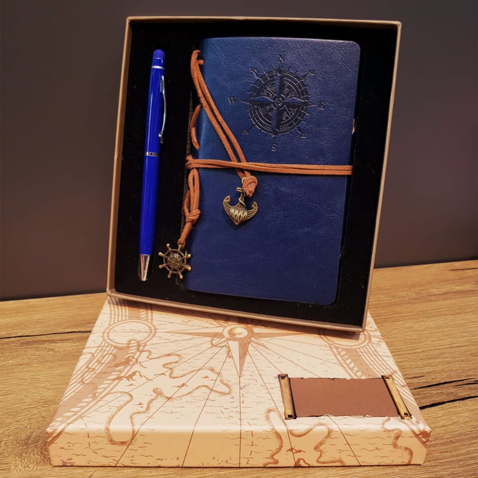 Lacivert Pusula Tasarım Deri Defter Ve Tükenmez Kalem Seti Şık Tasarımlı Fonksiyonel Ürün