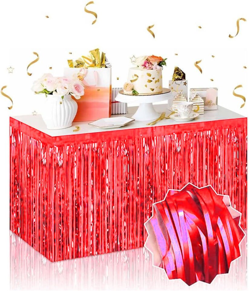 Kendinden Yapışkanlı Kırmızı Metalize Püsküllü Masa Eteği Şık Tasarımlı Fonksiyonel Ürün