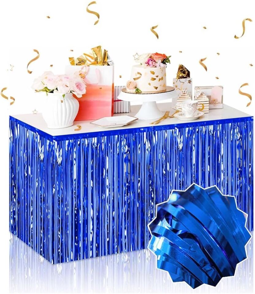Kendinden Yapışkanlı Mavi Metalize Püsküllü Masa Eteği Şık Tasarımlı Fonksiyonel Ürün