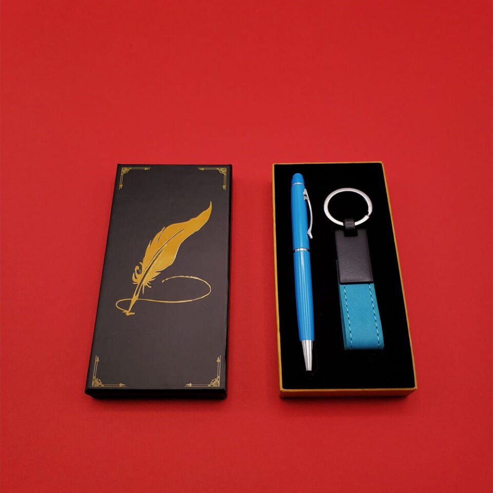 Mavi Metal Deri Anahtarlık ve Kalem Seti Şık Tasarımlı Fonksiyonel Ürün