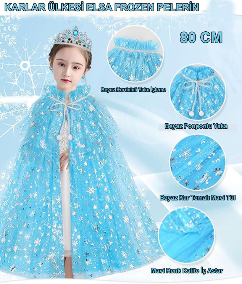 Karlar Ülkesi Elsa Frozen Mavi Pelerin – 80 cm Çocuk Pelerini Şık Tasarımlı Fonksiyonel Ürün