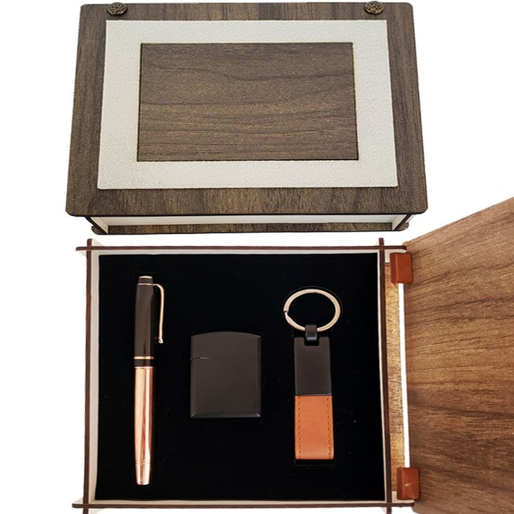 Özel Ahşap Kutulu Bakır Roller Kalem, Anahtarlık ve Çakmak Set Şık Tasarımlı Fonksiyonel Ürün