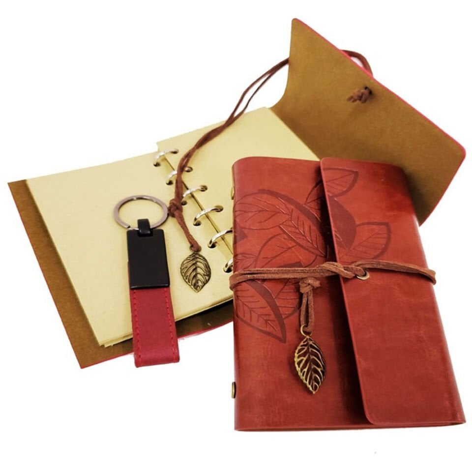Özel Ahşap Kutulu Kiremit Rengi Deri Defter ve Anahtarlık Set Şık Tasarımlı Fonksiyonel Ürün