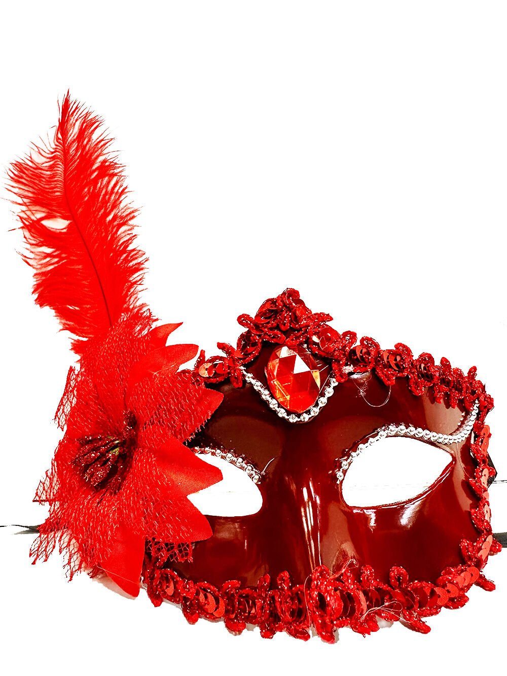 Kırmızı Güllü ve Tüylü Venedik Maskesi Şık Tasarımlı Fonksiyonel Ürün