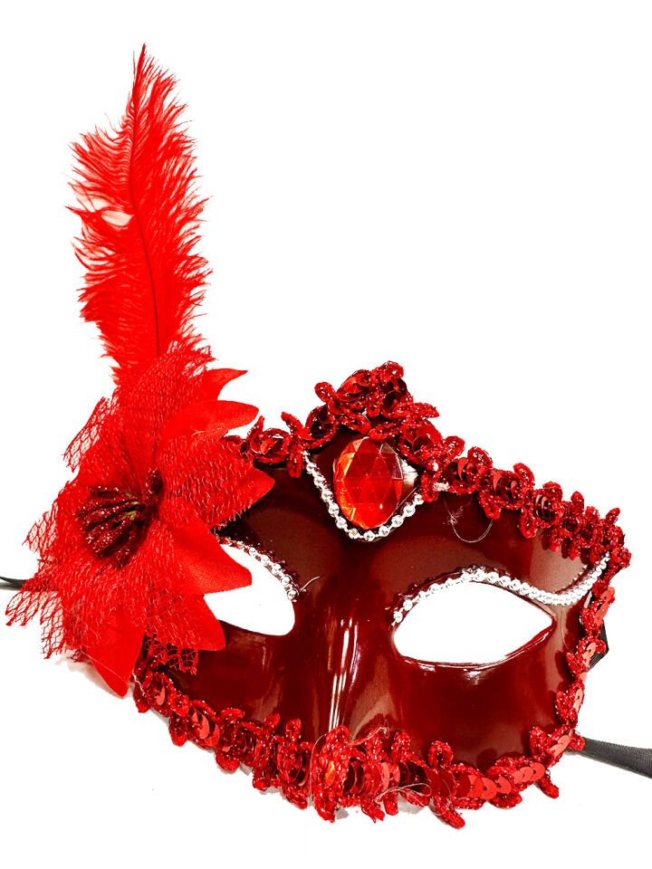 Kırmızı Güllü ve Tüylü Venedik Maskesi Şık Tasarımlı Fonksiyonel Ürün