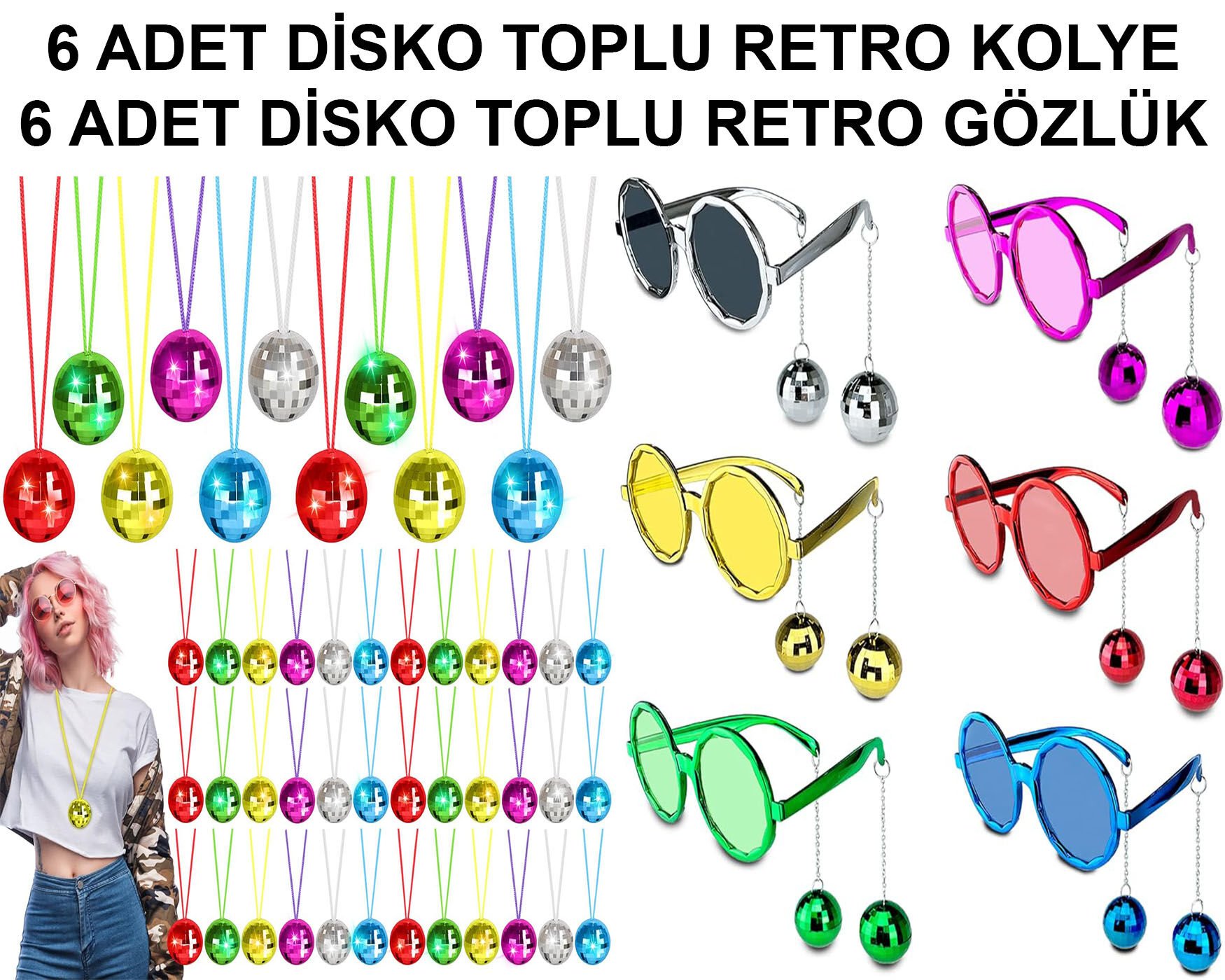 12 Parça Renkli Disko Toplu Retro Parti Seti – 6 Kolye + 6 Gözlük Şık Tasarımlı Fonksiyonel Ürün