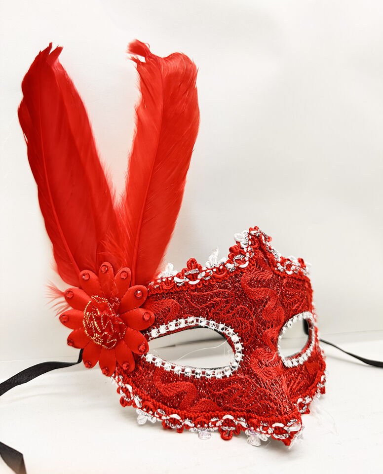 Kırmızı Renk Tüylü Dantelli Gözleri Taşlı Balo Parti Maskesi Şık Tasarımlı Fonksiyonel Ürün