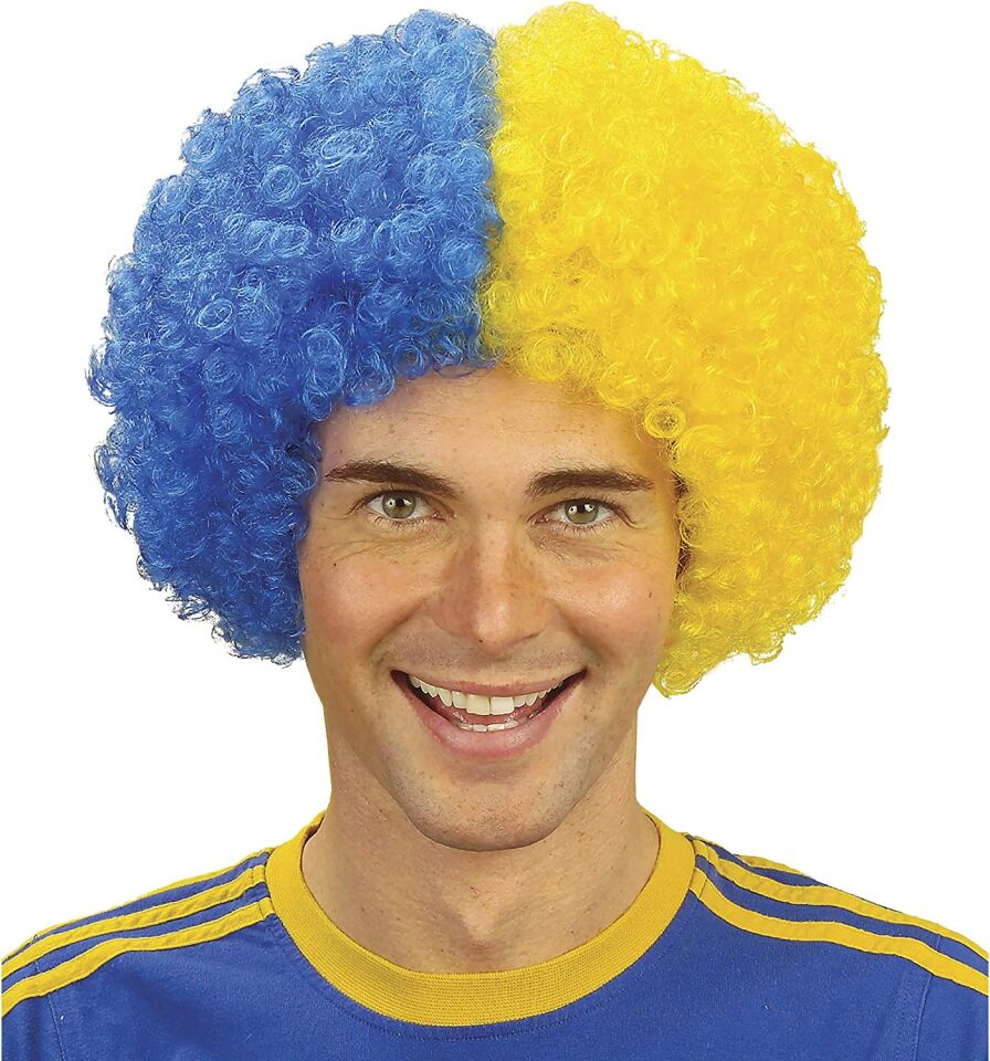 Sarı Lacivert Kıvırcık Afro Bonus Taraftar Peruğu Şık Tasarımlı Fonksiyonel Ürün
