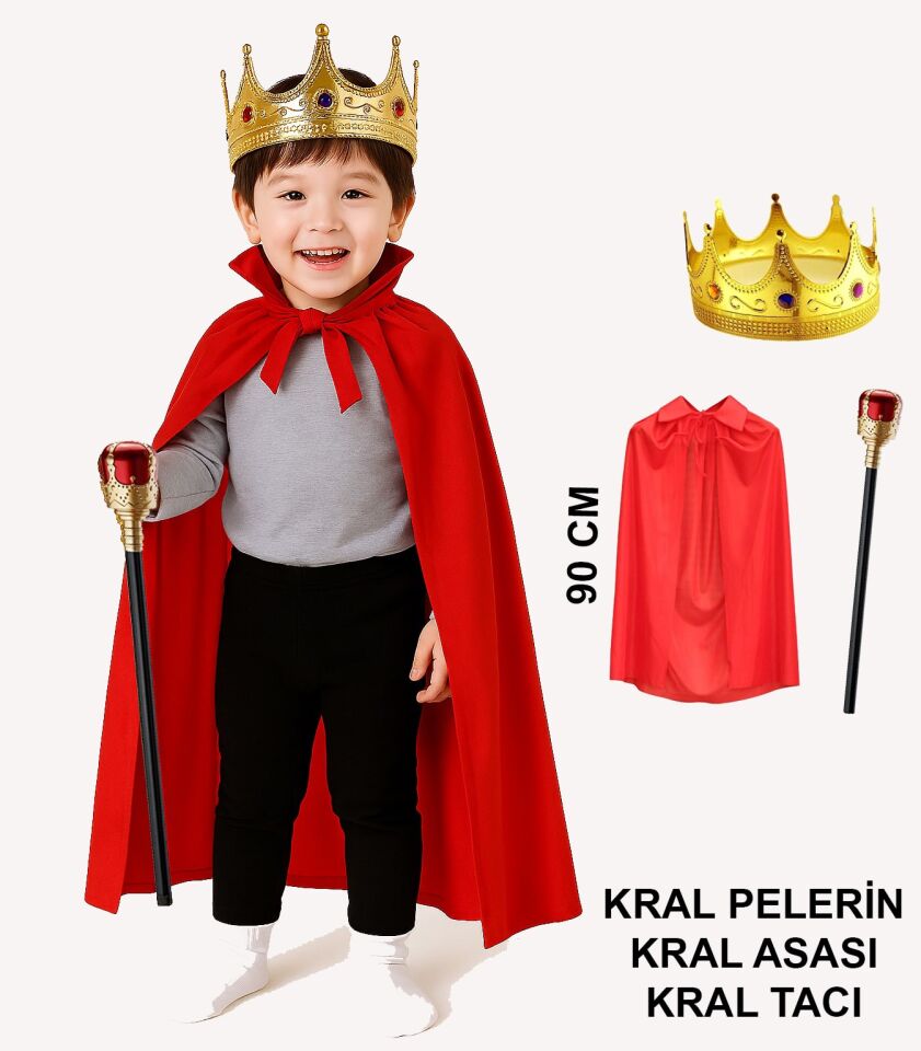 Çocuk Kral Kostüm Seti – Kırmızı Pelerin, Taç ve Asa (90 cm) Şık Tasarımlı Fonksiyonel Ürün