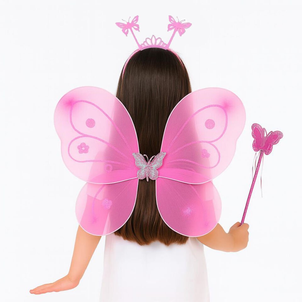 Pembe Kelebek Kız Seti – 50 cm Kelebek Kanadı, Taç ve Asa