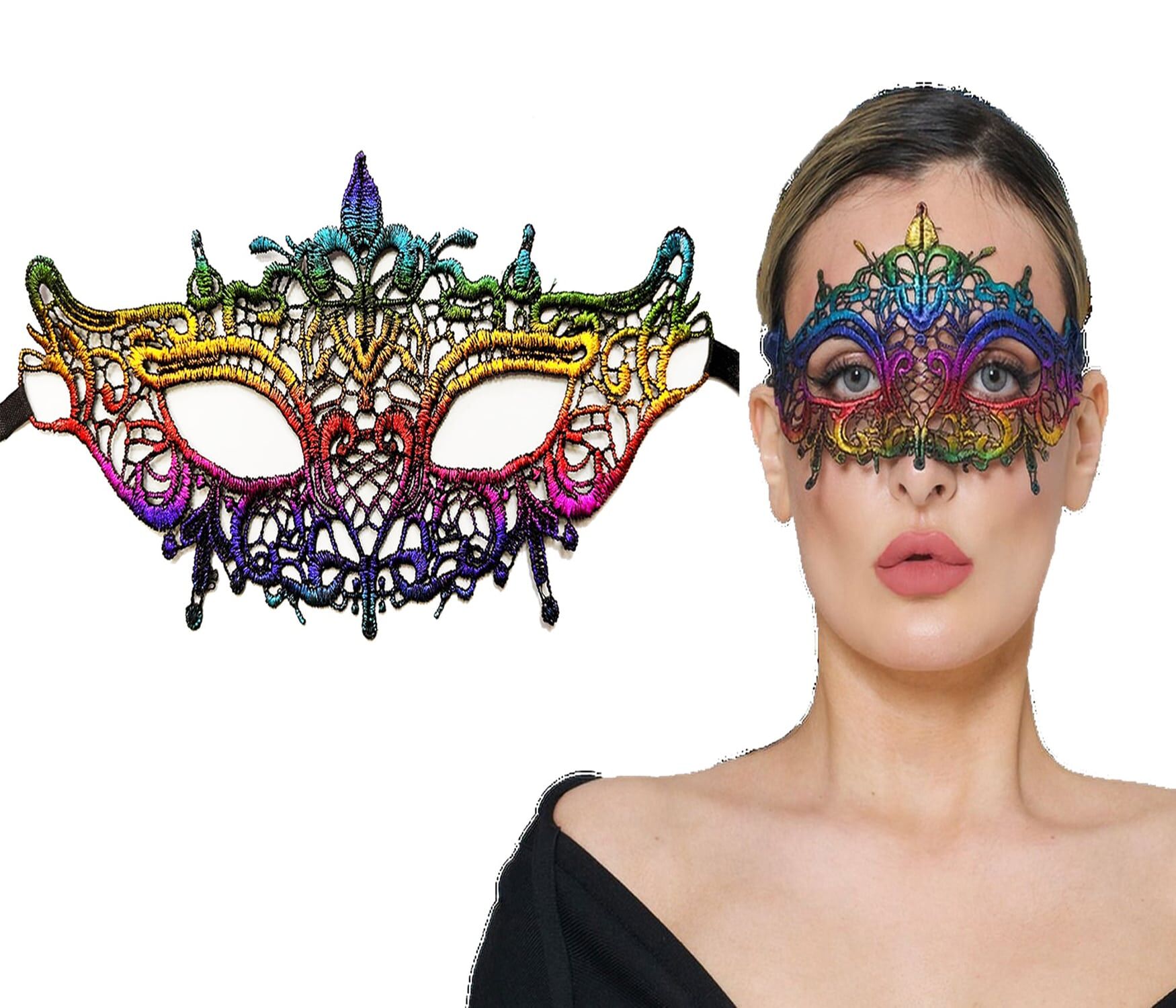 Rengarenk Dantel Kesim Gökkuşağı Balo Maskesi Şık Tasarımlı Fonksiyonel Ürün