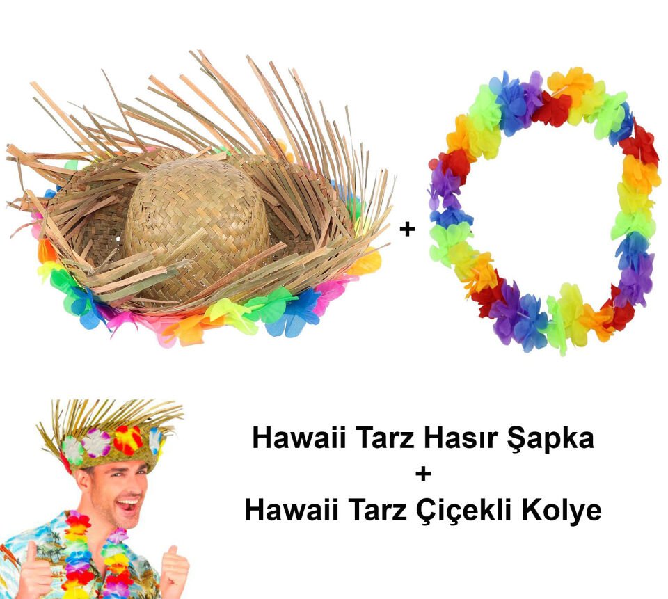 Hawaii Tarzı Set - Tropikal Çiçekli Hasır Şapka ve Çiçekli Hawaii Kolye Şık Tasarımlı Fonksiyonel Ürün