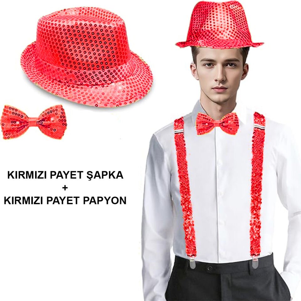 Kırmızı Payetli Şapka ve Papyon Seti – Parıltılı Yetişkin Kostüm Seti Şık Tasarımlı Fonksiyonel Ürün