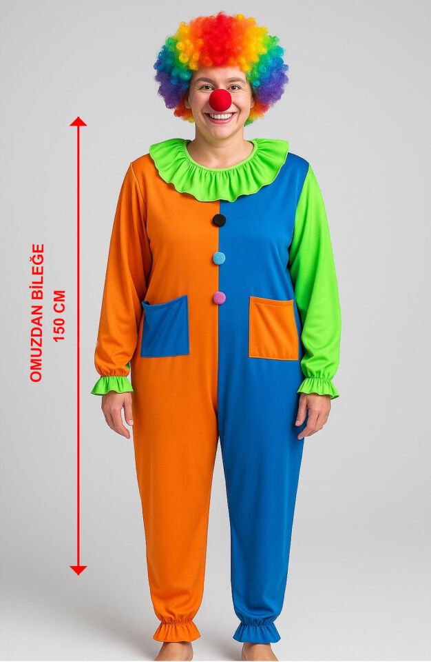 Palyaço Kostüm Seti 150 cm (Peruk + Burun + Kostüm) Şık Tasarımlı Fonksiyonel Ürün