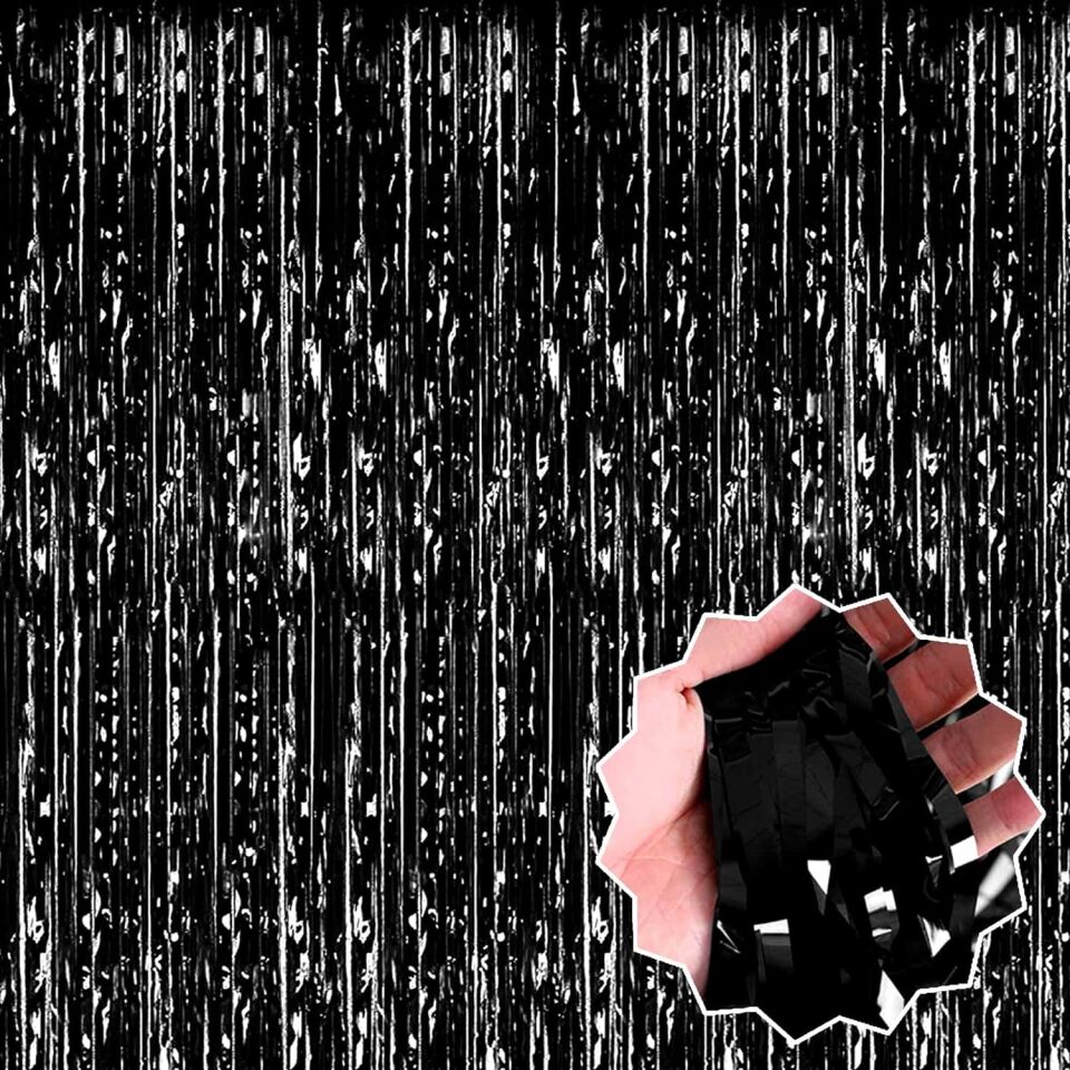 Siyah Ekstra Metalize Parlak Saçaklı Arka Fon Perde Şık Tasarımlı Fonksiyonel Ürün