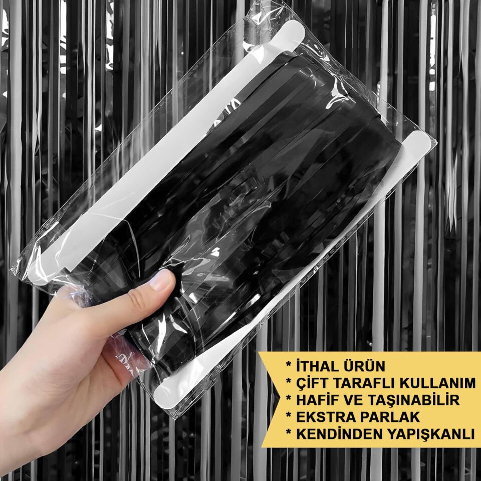 Siyah Ekstra Metalize Parlak Saçaklı Arka Fon Perde Şık Tasarımlı Fonksiyonel Ürün